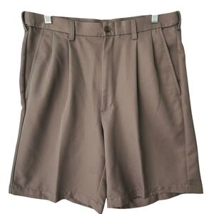 Haggar Pleated Shorts Mens 32 Khaki Tan Polyester Flat Front Casual Shorts